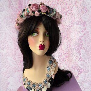 Handmade Pink Rose Crown Flower Tiara 1920s-Style  Fairycore Romantic Headband